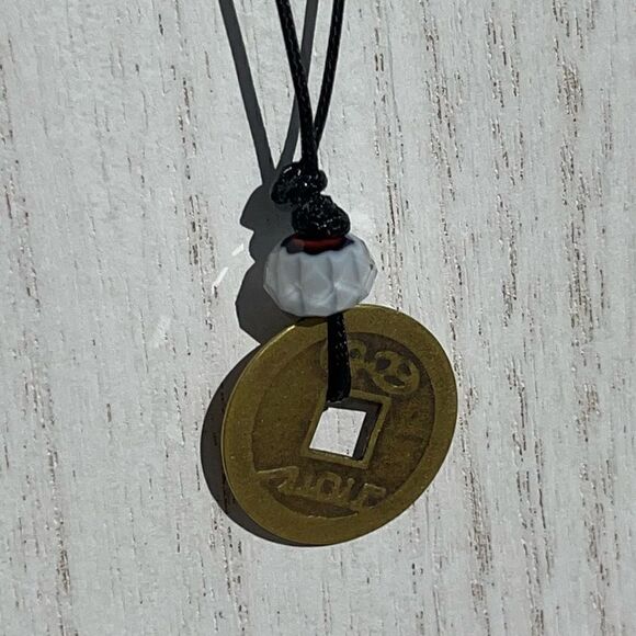 HANDMADE CASH COIN AND WHITE BEAD BLACK CORD NECKLACE - Picture 6 of 7
